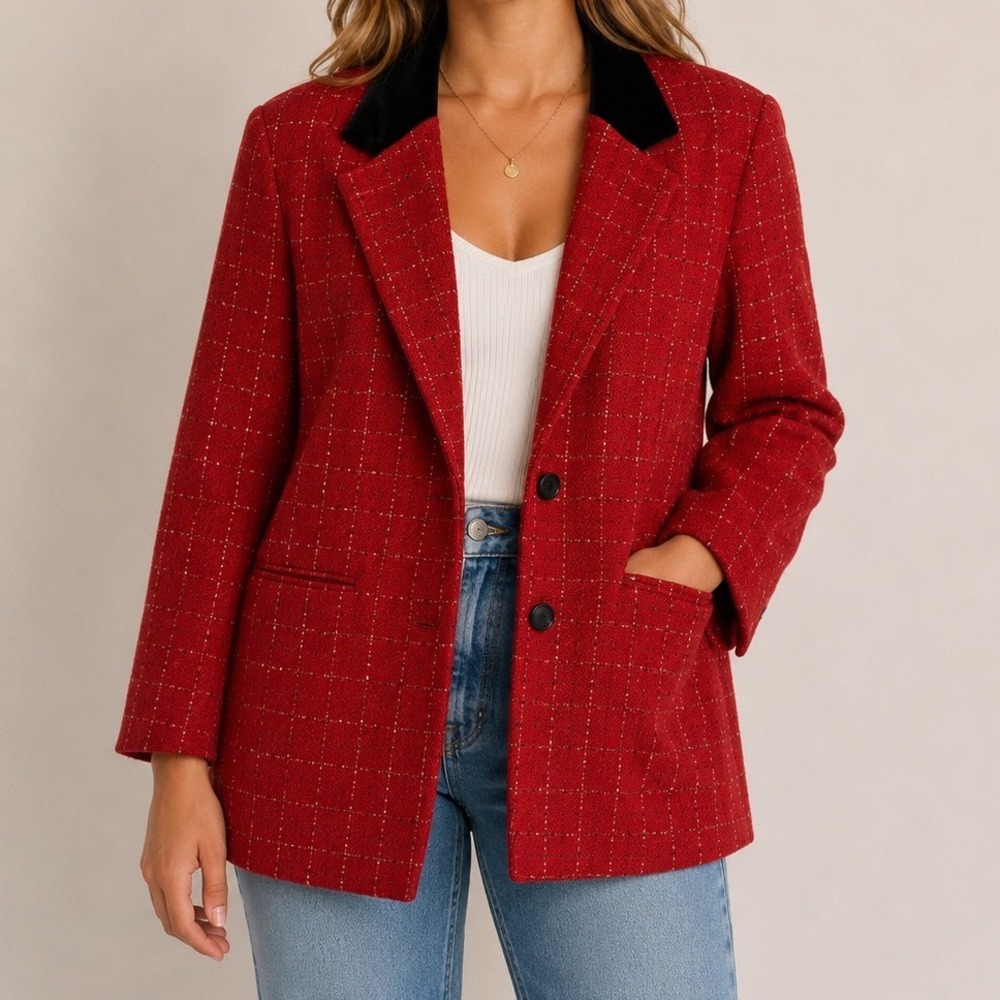 Kim Rogers Women's 20W Red Wool Blend Blazer Velvet Collar Plus Size Jacket